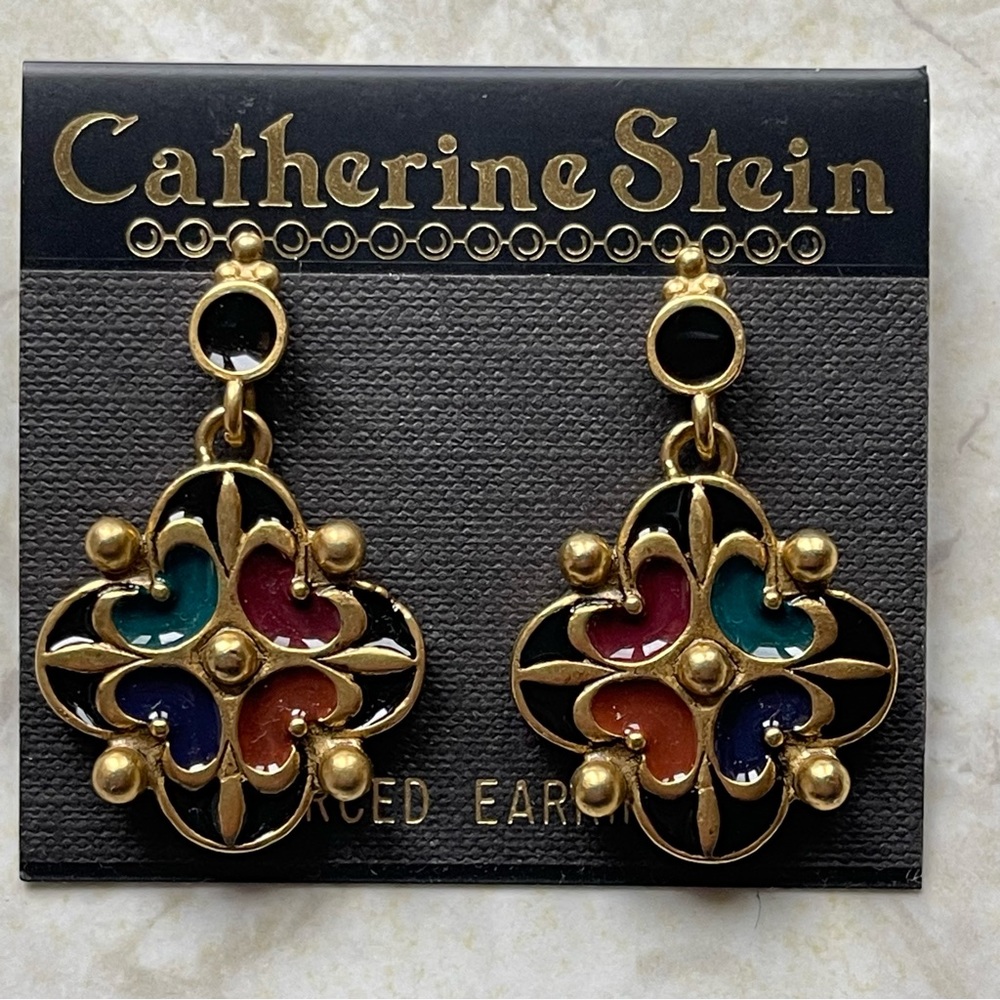Vtg Catherine Stein Pierced Earrings Goldtone